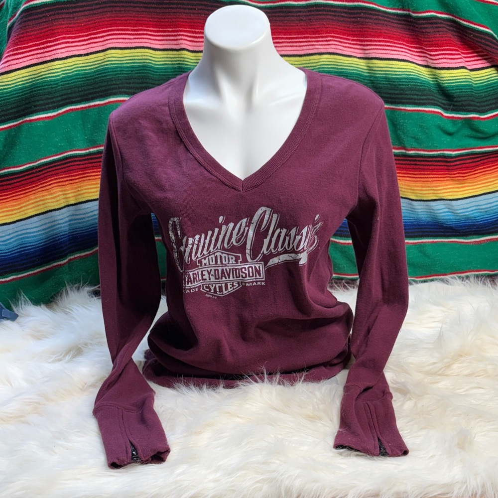 Harley-Davidson Women's Maroon Long Sleeve V-Neck Tee